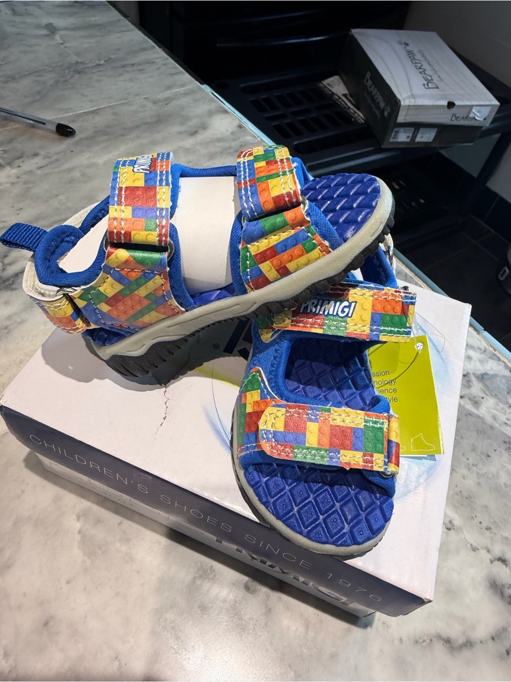 Primigi Blue Sandals with Multicolor Brick-Pattern Straps